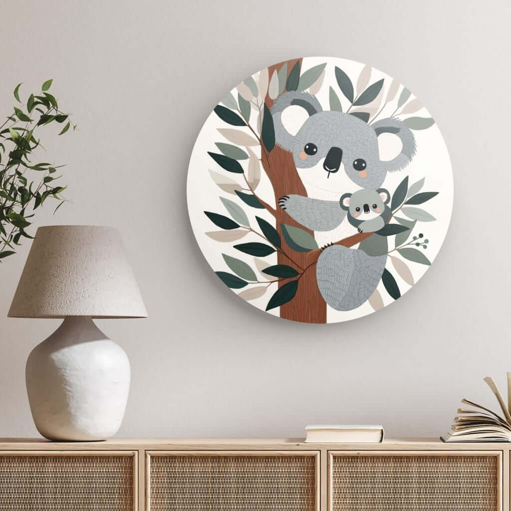 Wondershire, Koala Round Print, Adorable Animals,Animal Print,Australian Wildlife,Childrens Room,Kids Decor,Koala Family,Mother And Baby,Nature Art,Nursery Art,Nursery Decor,Round Photo Print,Wildlife Nursery