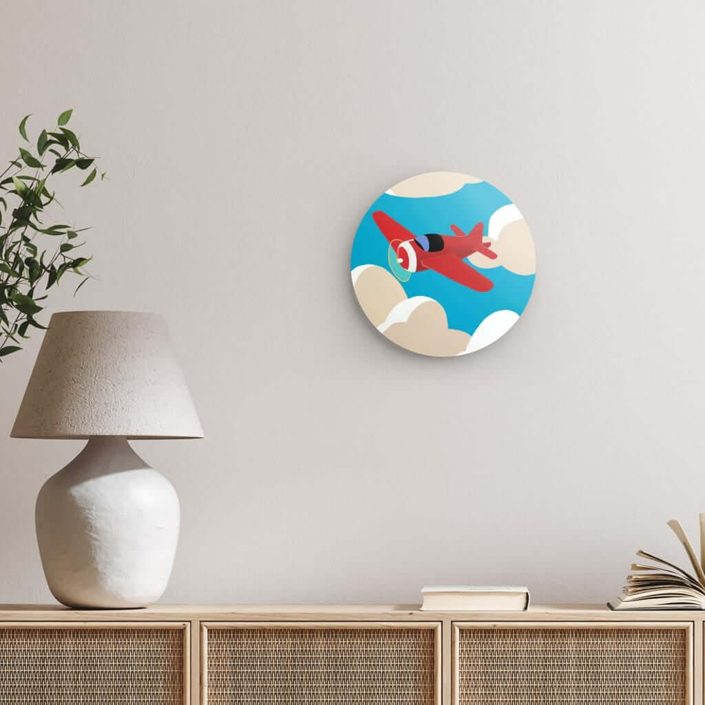 Wondershire, Red Airplane Round Print, Airplane In Sky,Aviation Art,Childrens Room,Kids Decor,Nature Art,Nursery Art,Nursery Decor,Red Plane,Round Photo Print