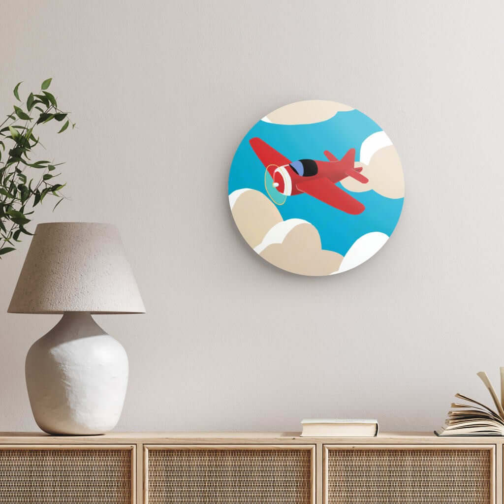 Wondershire, Red Airplane Round Print, Airplane In Sky,Aviation Art,Childrens Room,Kids Decor,Nature Art,Nursery Art,Nursery Decor,Red Plane,Round Photo Print