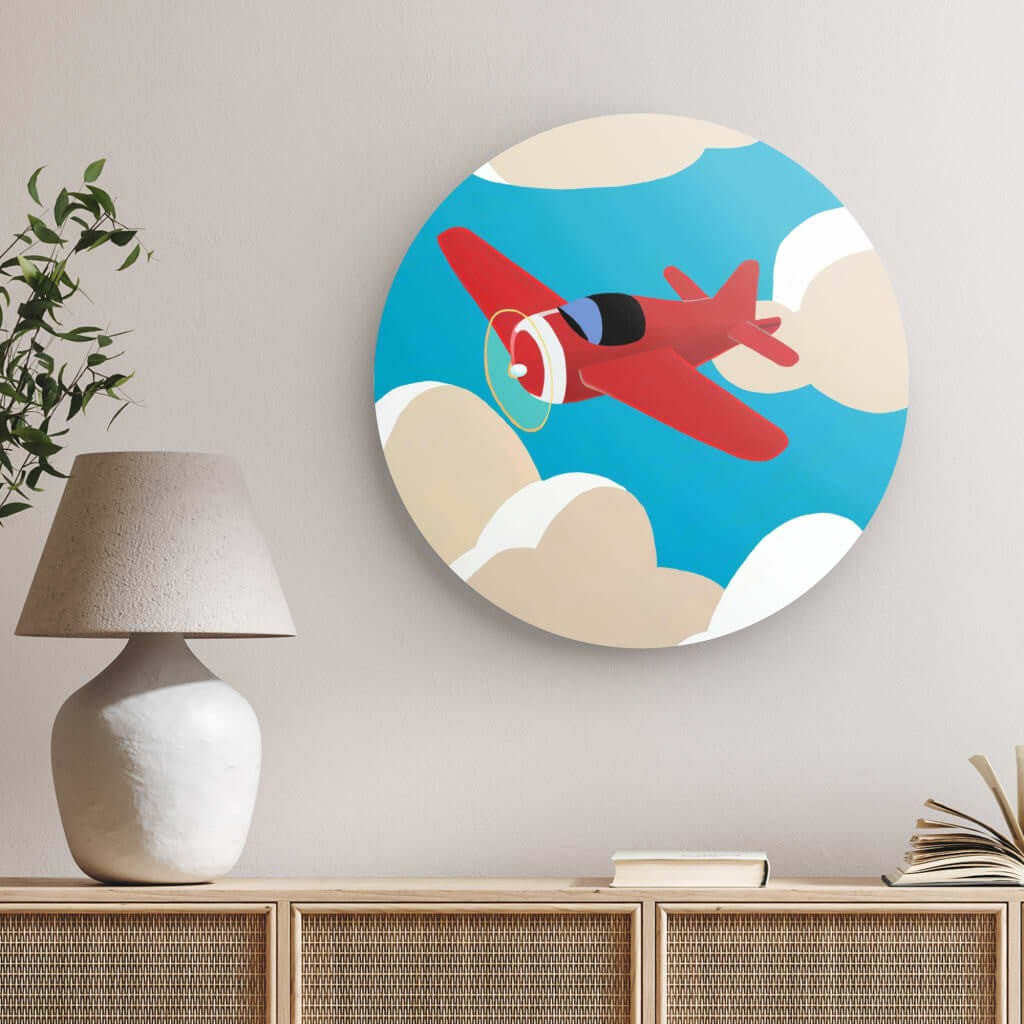 Wondershire, Red Airplane Round Print, Airplane In Sky,Aviation Art,Childrens Room,Kids Decor,Nature Art,Nursery Art,Nursery Decor,Red Plane,Round Photo Print