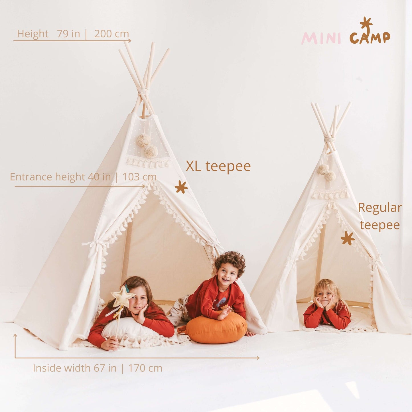 Wondershire, MINICAMP Extra Large Kids Teepee Tent with Pom Pom Decor, Children Teepee,Childrens Room,Indoor Playhouse,Kids Decor,Minicamp,Nursery Decor,Party Teepee,Play Teepee,Toddler Teepee,Wedding Kids Teepee