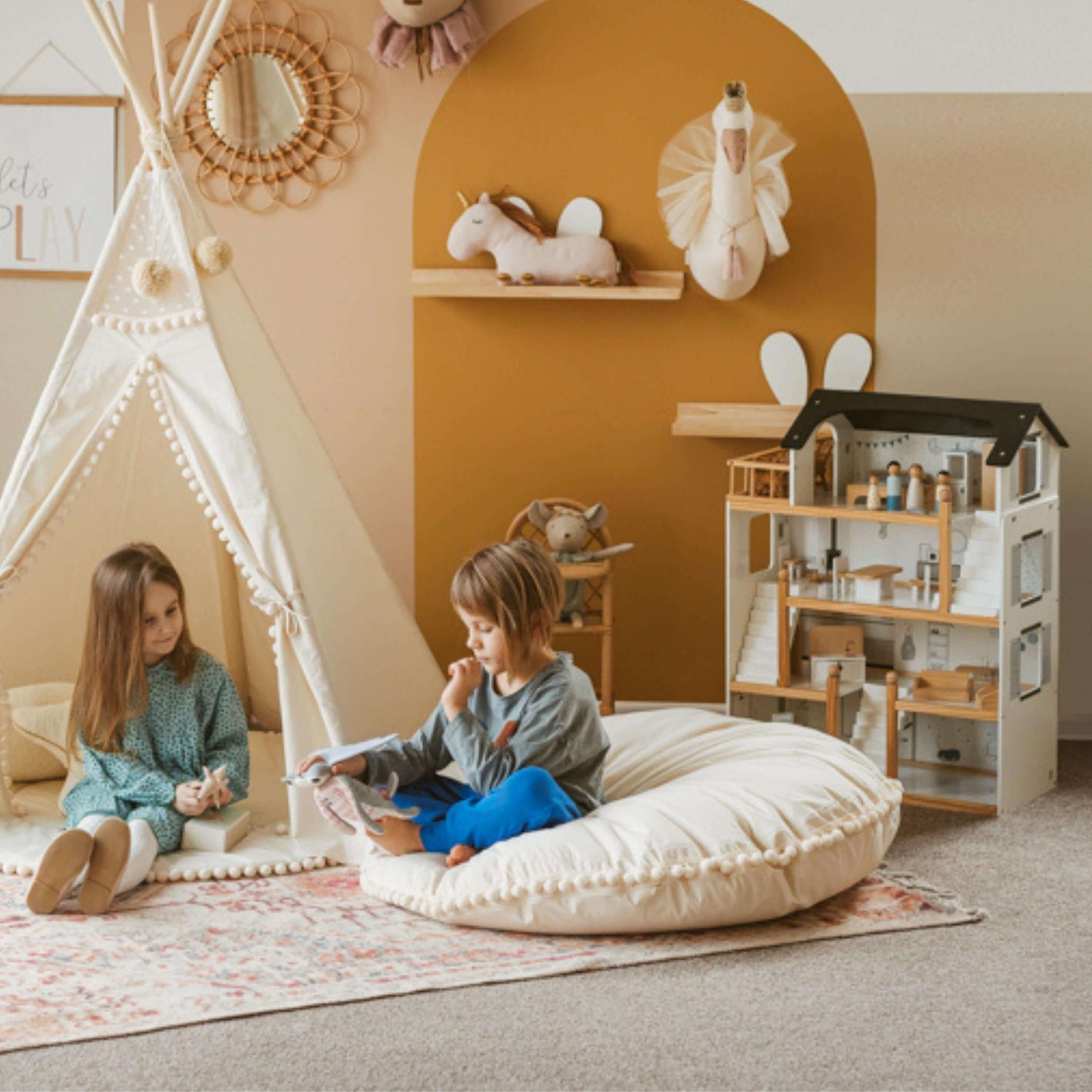 Wondershire, MINICAMP Large Floor Cushion with Pom Poms, big pillow,Childrens Room,floor cushion,Kids Decor,kids floor cushion,Minicamp,MINICAMP Large Floor Cushion with Pom Poms,Nursery Decor