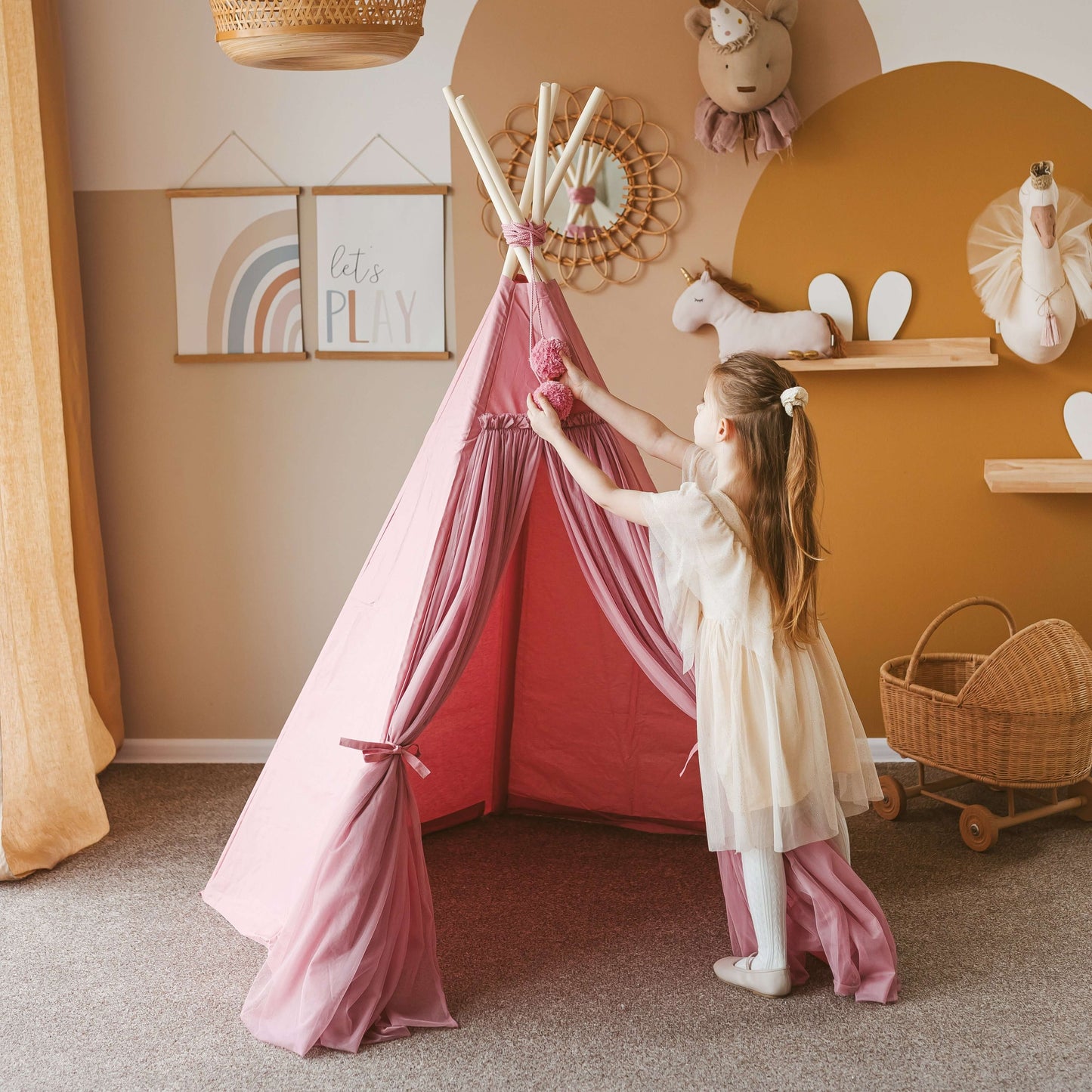 Wondershire, MINICAMP Fairy Kids Play Tent with Tulle in Rose, Canvas Teepee Tent,Childrens Room,DIY Indoor Kids Tent,Gift For Kid,Indoor Playhouse,Kids Decor,Minicamp,Nursery Decor,Scandi Teepee For Kids,Tipi Tent,Toddler Teepee Tent