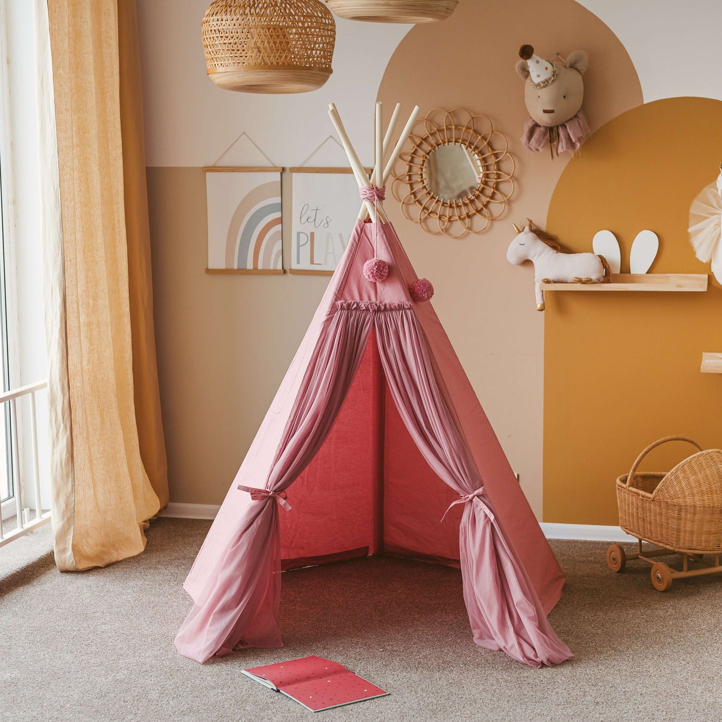 Wondershire, MINICAMP Fairy Kids Play Tent with Tulle in Rose, Canvas Teepee Tent,Childrens Room,DIY Indoor Kids Tent,Gift For Kid,Indoor Playhouse,Kids Decor,Minicamp,Nursery Decor,Scandi Teepee For Kids,Tipi Tent,Toddler Teepee Tent