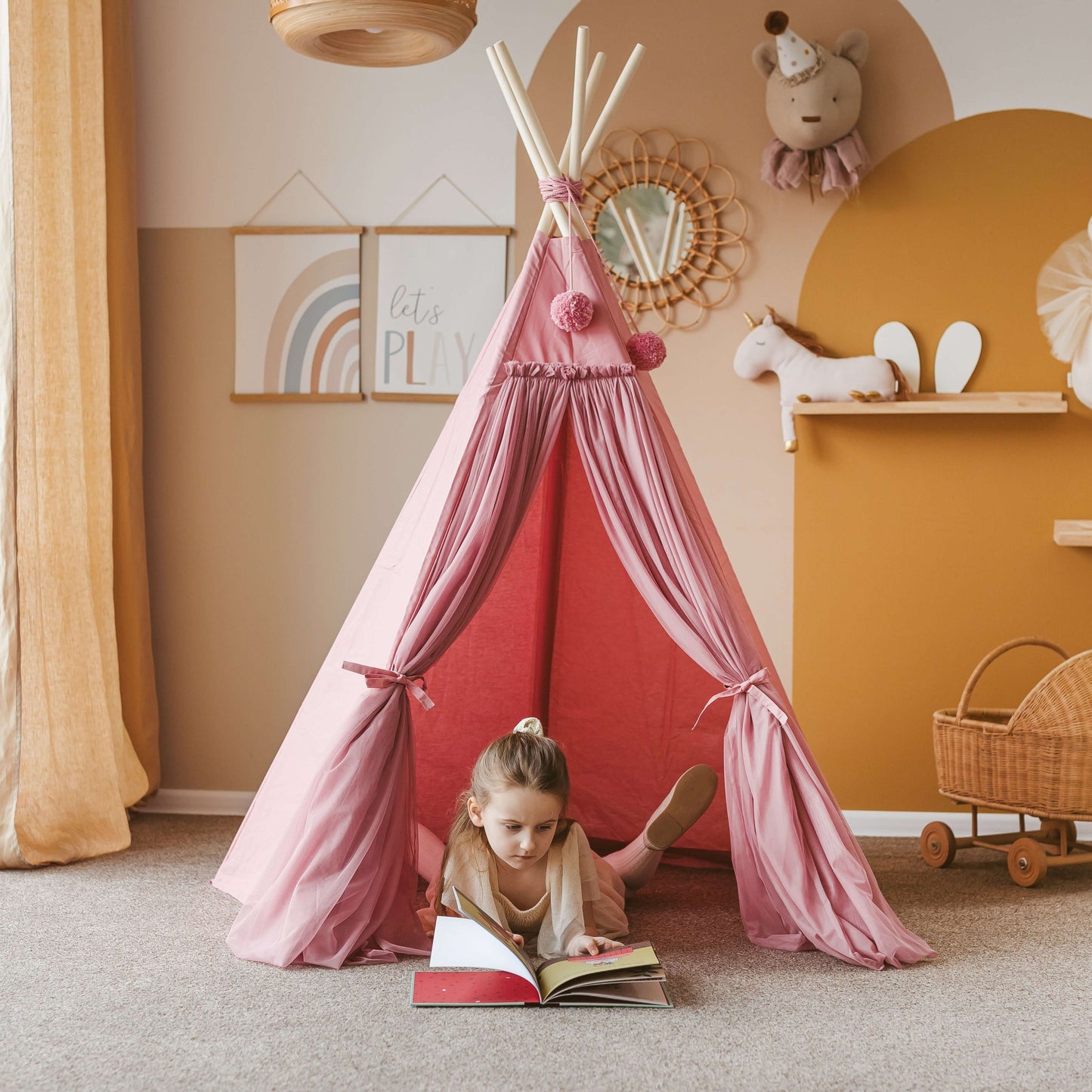 Wondershire, MINICAMP Fairy Kids Play Tent with Tulle in Rose, Canvas Teepee Tent,Childrens Room,DIY Indoor Kids Tent,Gift For Kid,Indoor Playhouse,Kids Decor,Minicamp,Nursery Decor,Scandi Teepee For Kids,Tipi Tent,Toddler Teepee Tent