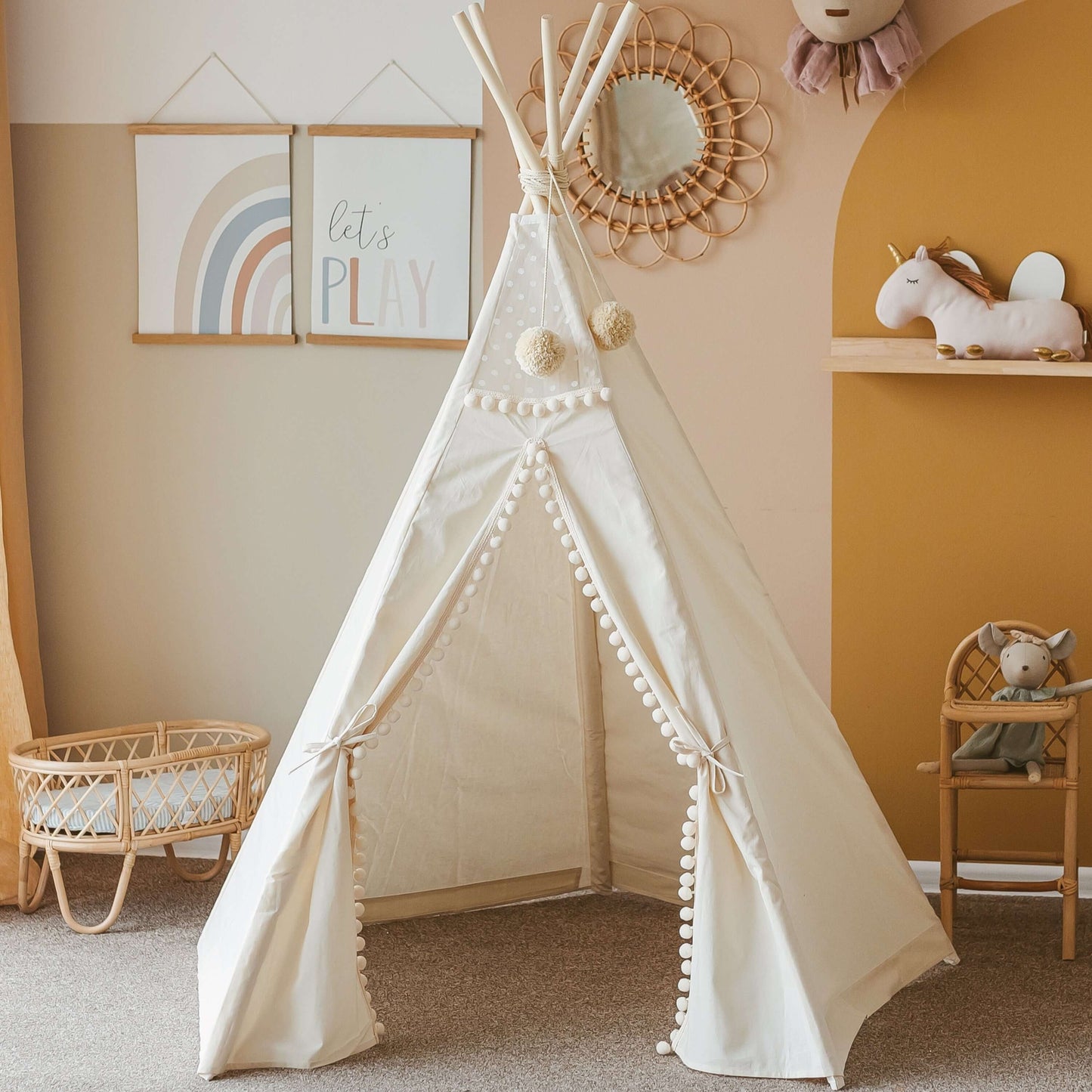 Wondershire, MINICAMP Original Play Tent with Pompoms, Canvas Teepee Tent,Childrens Room,DIY Indoor Kids Tent,Indoor Tipi Tent,Kids Decor,Kids teepee tent with tulle from minicamp,Minicamp,MINICAMP Original Play Tent with Pompoms,Nursery Decor,Tipi Tent,T