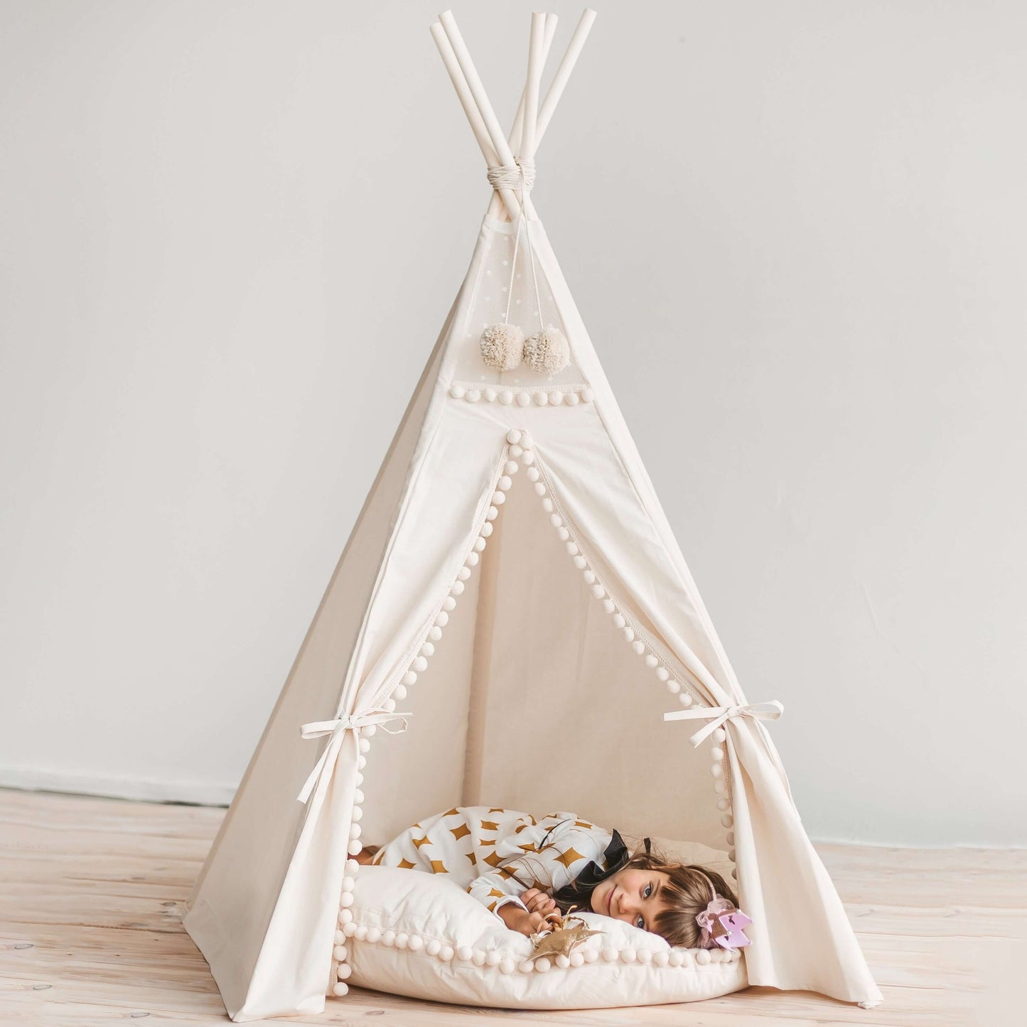 Wondershire, MINICAMP Original Play Tent with Pompoms, Canvas Teepee Tent,Childrens Room,DIY Indoor Kids Tent,Indoor Tipi Tent,Kids Decor,Kids teepee tent with tulle from minicamp,Minicamp,MINICAMP Original Play Tent with Pompoms,Nursery Decor,Tipi Tent,T