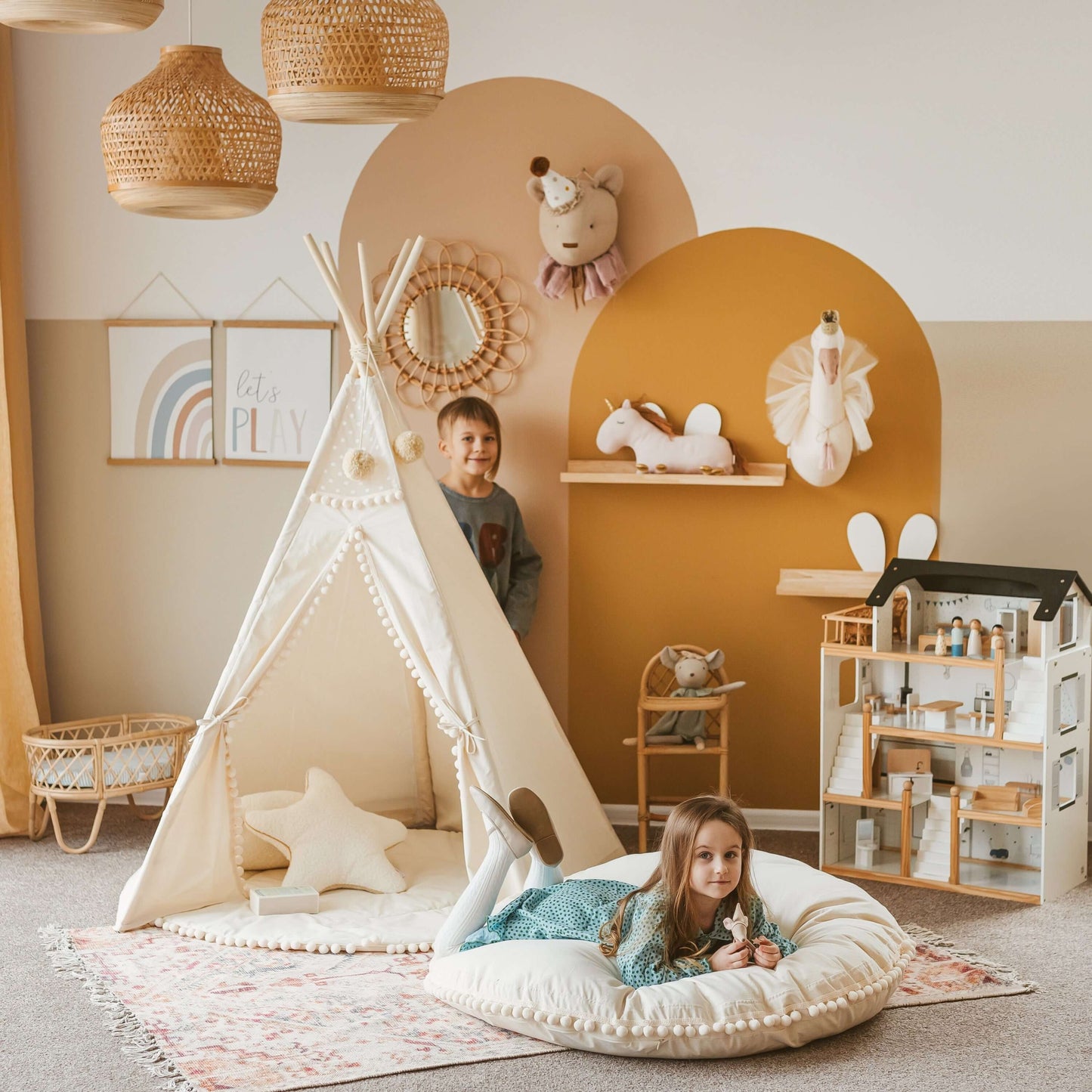 Wondershire, MINICAMP Original Play Tent with Pompoms, Canvas Teepee Tent,Childrens Room,DIY Indoor Kids Tent,Indoor Tipi Tent,Kids Decor,Kids teepee tent with tulle from minicamp,Minicamp,MINICAMP Original Play Tent with Pompoms,Nursery Decor,Tipi Tent,T