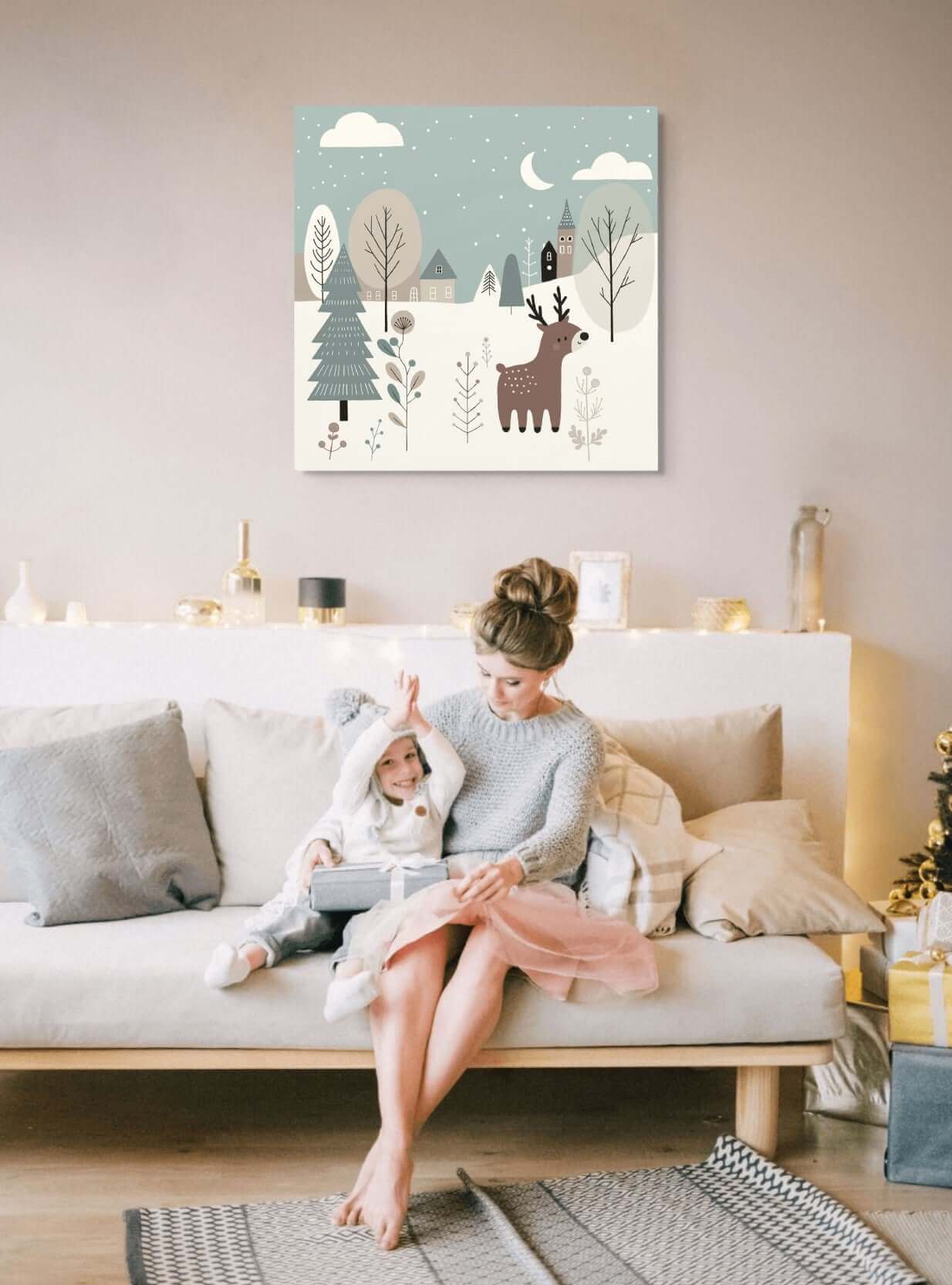 Wondershire, Reindeer in Winter Wonderland with Town Canvas Print, Canvas,Childrens Room,Christmas wall art,Kids Christmas decor,Kids Decor,Nursery Art,Nursery Christmas decor,Nursery Decor,winter wonderland