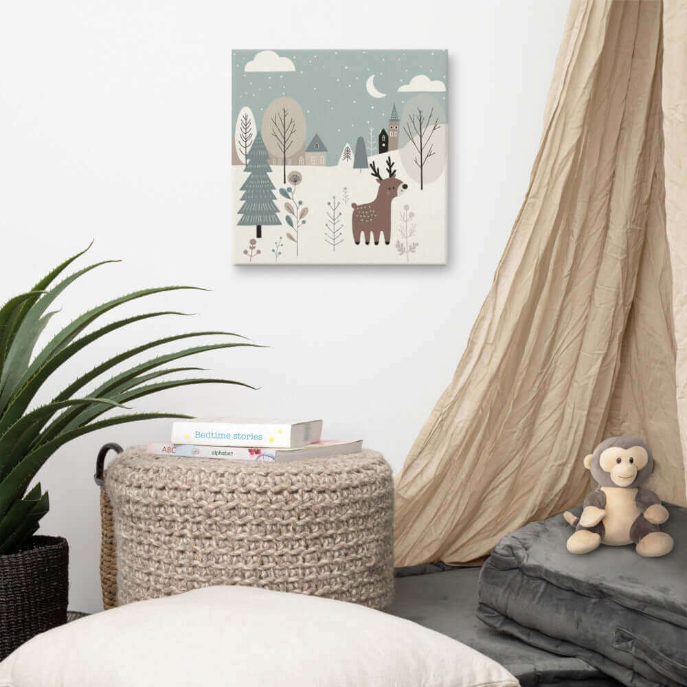 Wondershire, Reindeer in Winter Wonderland with Town Canvas Print, Canvas,Childrens Room,Christmas wall art,Kids Christmas decor,Kids Decor,Nursery Art,Nursery Christmas decor,Nursery Decor,winter wonderland