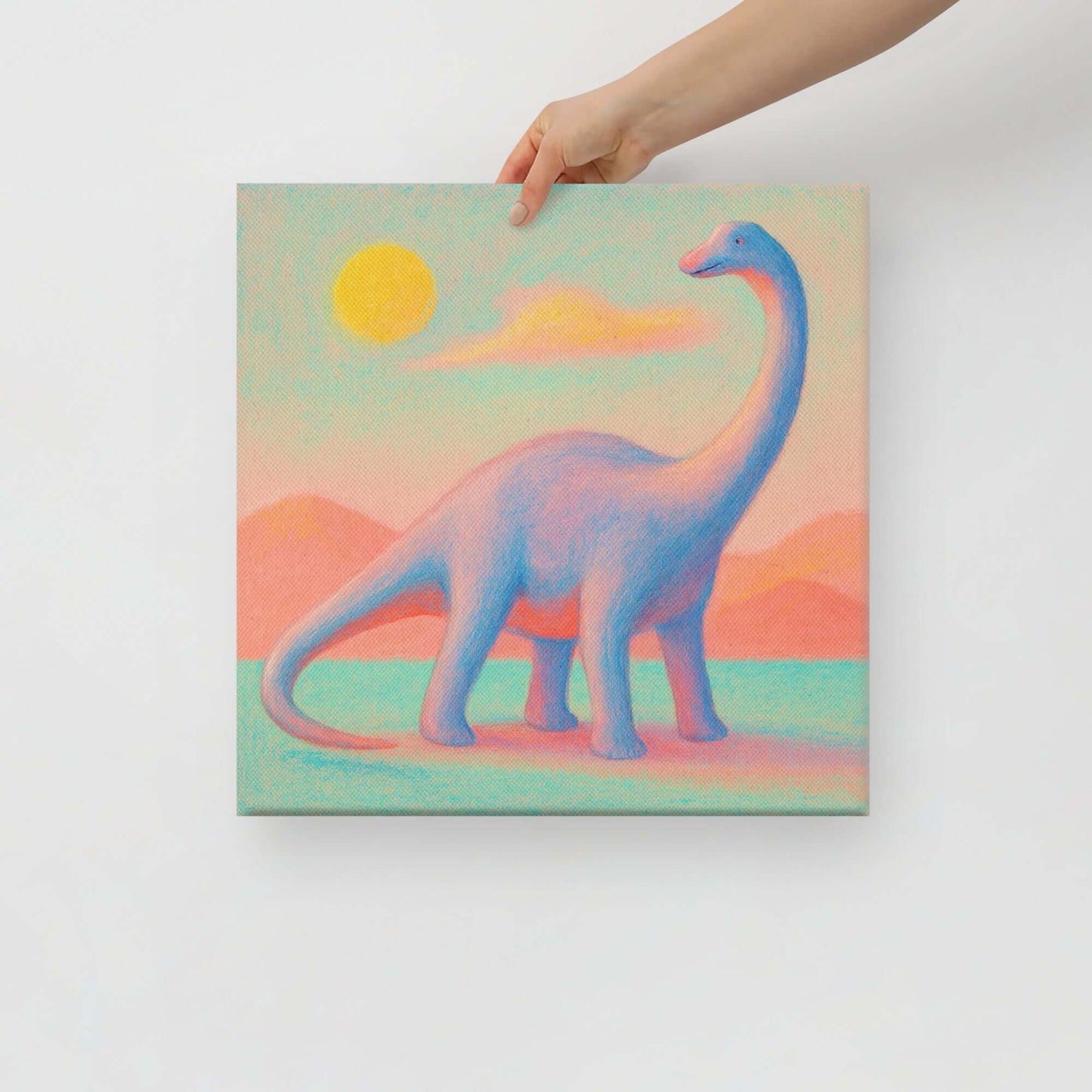 Wondershire, Brachiosaurus Canvas Print – Sunrise Friend, abstract dinosaur,baby boy room,baby girl room,baby shower gift,brachiosaurus,brachiosaurus art,Canvas,cartoon dinosaur,colorful wall art,cute dinosaur,dino art,dinosaur,dinosaur canvas,dinosaur de