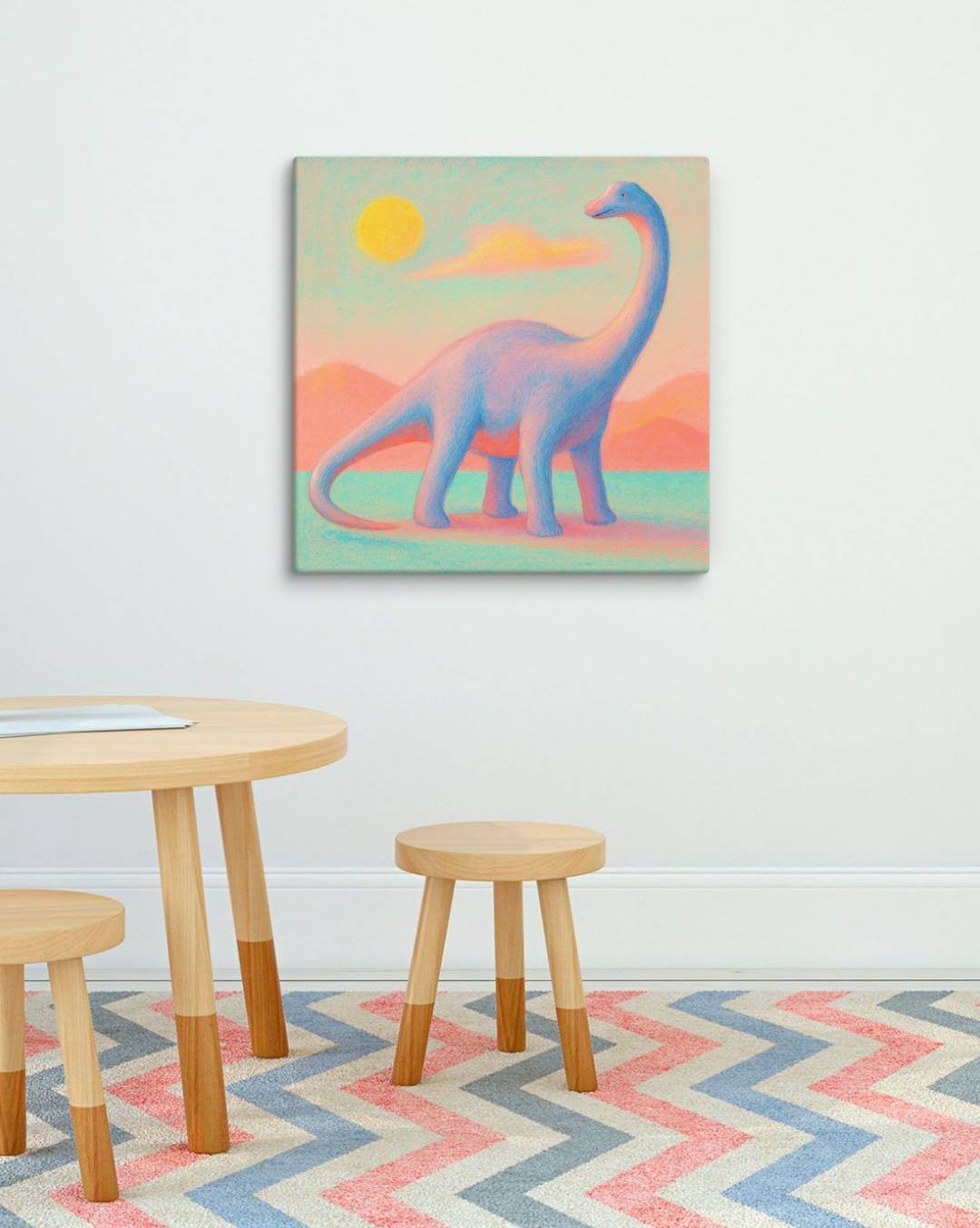 Wondershire, Brachiosaurus Canvas Print – Sunrise Friend, abstract dinosaur,baby boy room,baby girl room,baby shower gift,brachiosaurus,brachiosaurus art,Canvas,cartoon dinosaur,colorful wall art,cute dinosaur,dino art,dinosaur,dinosaur canvas,dinosaur de