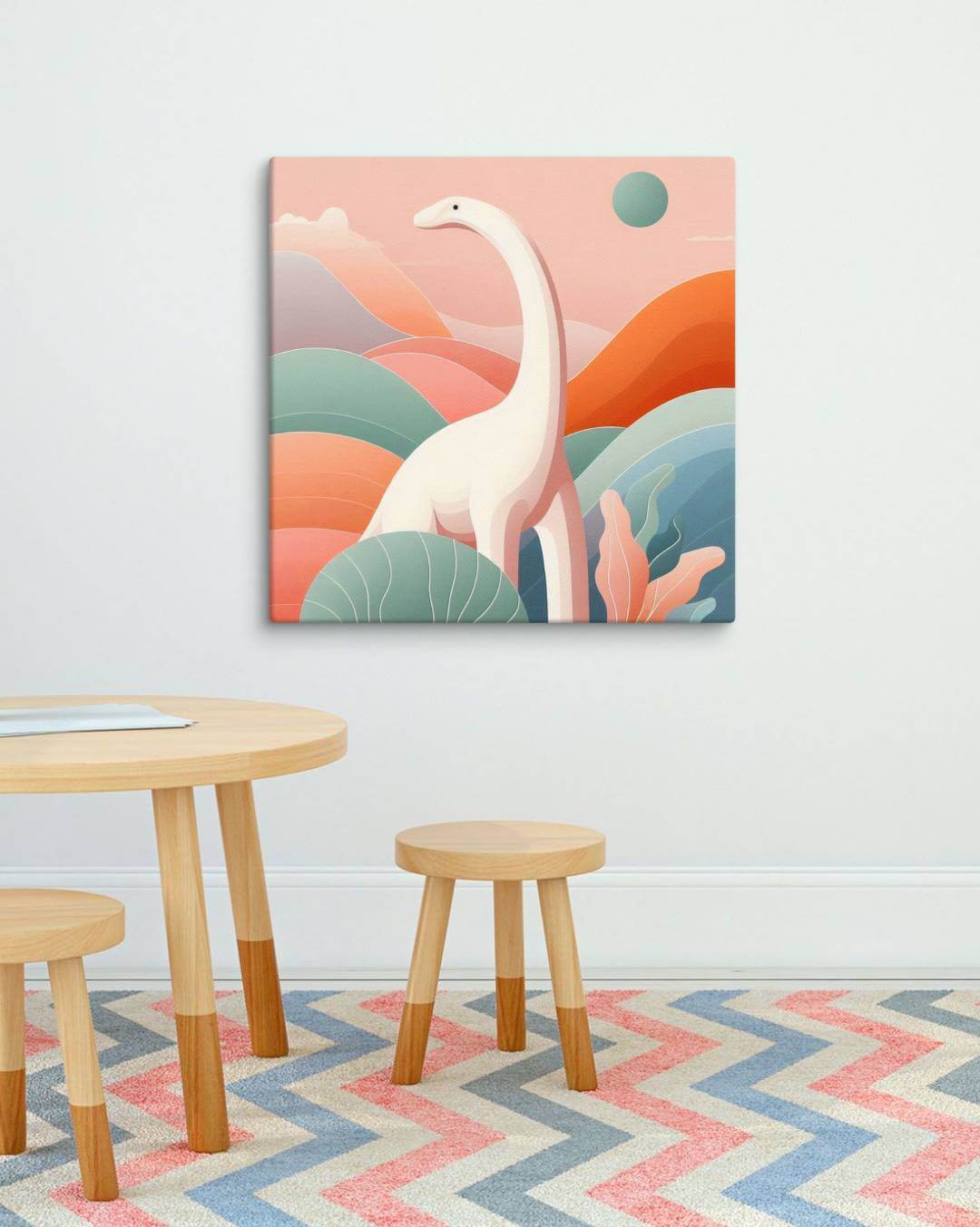 Wondershire, Brachiosaurus Canvas Print – Dino at Dawn, abstract dinosaur,baby boy room,baby girl room,baby shower gift,brachiosaurus,brachiosaurus art,Canvas,cartoon dinosaur,colorful wall art,cute dinosaur,dino art,dinosaur,dinosaur canvas,dinosaur deco